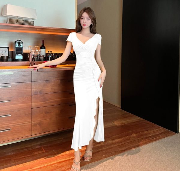 V-neck slit long short sleeve gauze sexy dress